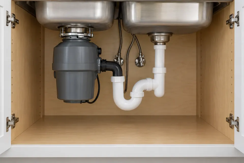 Generated illustration of a kitchen disposal under a Sacramento sink.