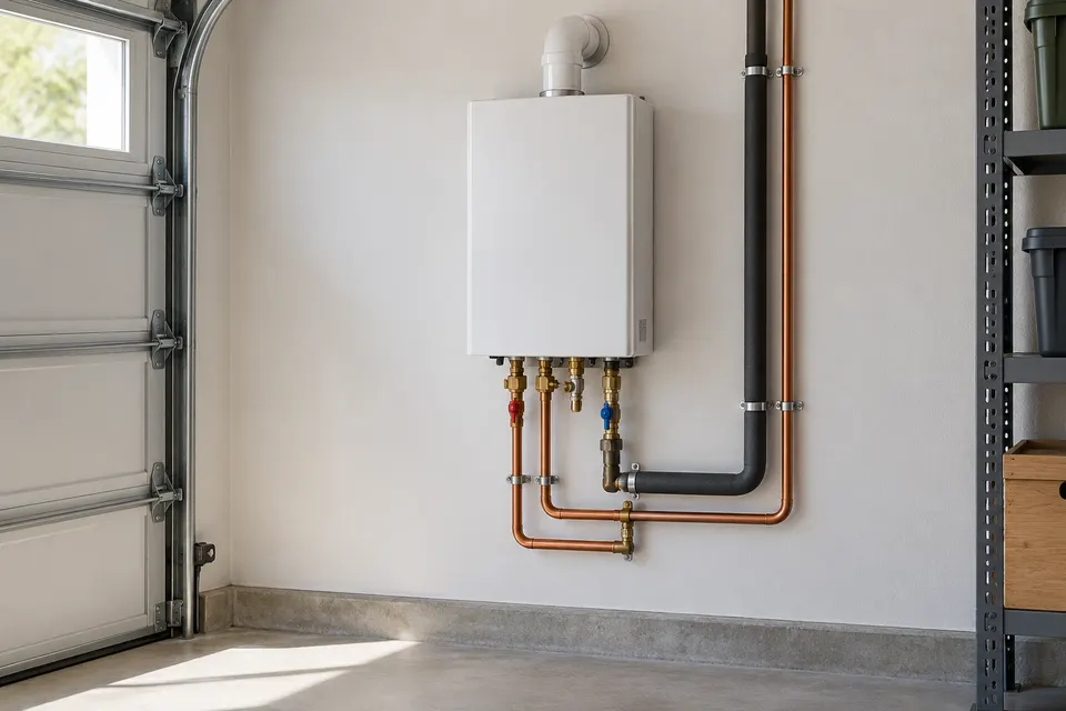 Generated illustration of a tankless water heater in a Sacramento home.